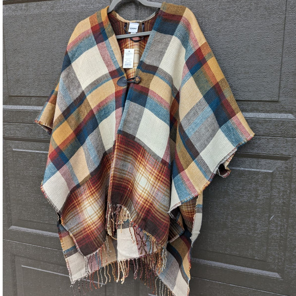 NWT Plaid Shawl, Fringe Fray at Hem Indie Women's One Size - Picture 3 of 4